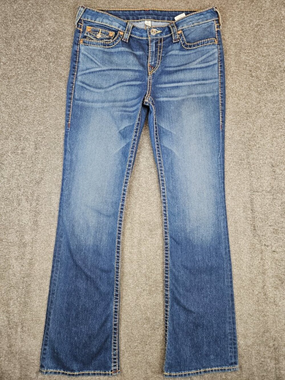 True Religion NAT Big T Bootcut Flap Pocket Jeans Womens 32 (32x33) Medium Blue